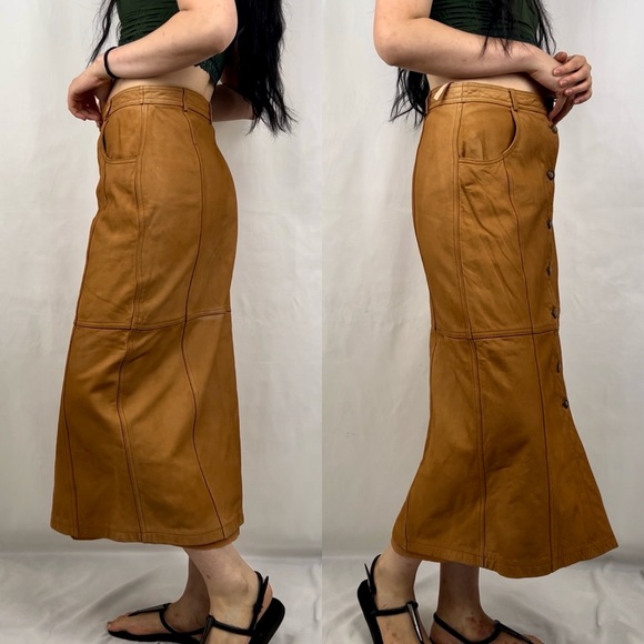 Vintage Together Tan Brown Genuine Leather Pencil Skirt - Picture 3 of 8